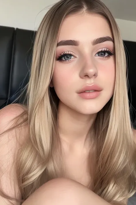 ((best quality)), ((ultra res)), ((photorealistic:1.4)), (intricate details), 19 years old, blonde hair, perfect face, make up:1.5, light on face, face detail,