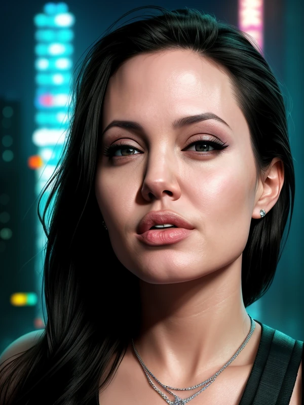 young Angelina Jolie, laughs, (looking askance at the camera:1.4), closeup, (night:1.4), night light, dark, hdr, detailed face, profile view, detailed skin, (low light:1.3), cinematic, dramatic, (cyberpunk megapolis:1.3), neon light, deep neckline