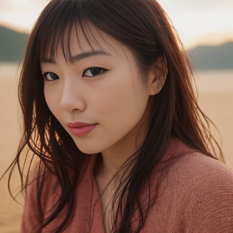 award winning extremely high detail digital RAW color photo, extreme close up of a
outdoor, depicting
(((beautiful young japanese woman over 30, perfect face, dreamy look, (detailed facial features), clean nice face))) walking over the (((sunlit fantasy red sand seashore))):1.6, in the background (((clouds, sunbeams))),
HDR, 8k resolution, smooth, (defocus):1.7, (warm ambient light):1.8, atmosphere, realistic, (volumetric fog):1.6, depth of field,
photographed on a Kodak box camera