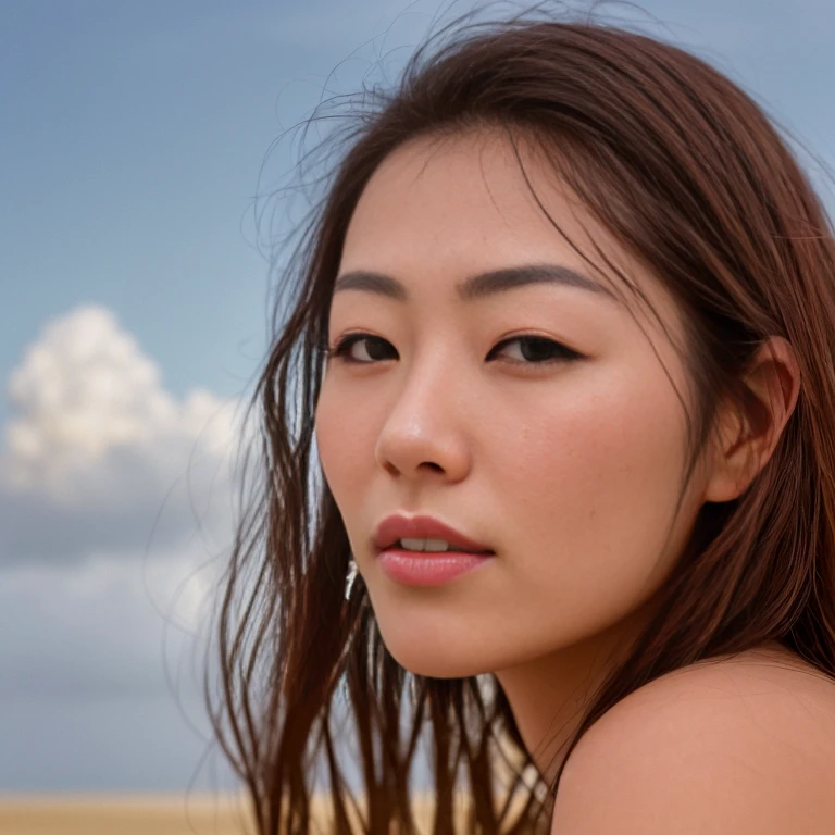 award winning extremely high detail digital RAW color photo, extreme close up of a
outdoor, depicting
(((beautiful young japanese woman over 30, perfect face, dreamy look, (detailed facial features), clean nice face))) walking over the (((sunlit fantasy red sand seashore))):1.6, in the background (((clouds, sunbeams))),
HDR, 8k resolution, smooth, (defocus):1.7, (warm ambient light):1.8, atmosphere, realistic, (volumetric fog):1.6, depth of field,
photographed on a Kodak box camera