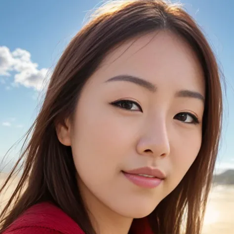 award winning extremely high detail digital RAW color photo, extreme close up of a
outdoor, depicting
(((beautiful young japanese woman over 30, perfect face, dreamy look, (detailed facial features), clean nice face))) walking over the (((sunlit fantasy red sand seashore))):1.6, in the background (((clouds, sunbeams))),
HDR, 8k resolution, smooth, (defocus):1.7, (warm ambient light):1.8, atmosphere, realistic, (volumetric fog):1.6, depth of field,
photographed on a Kodak box camera