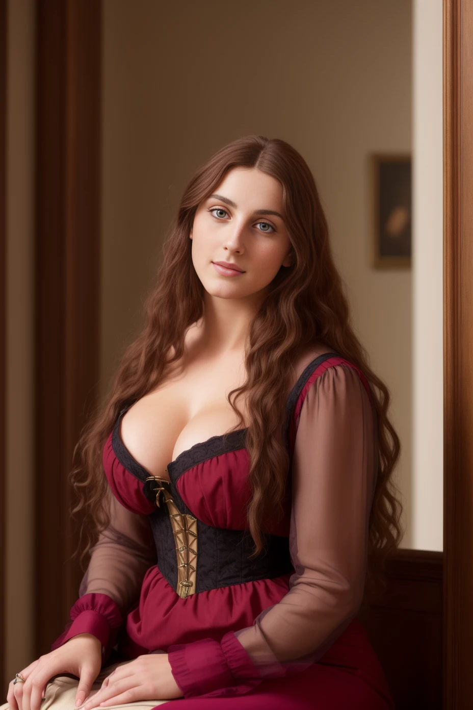 ((A professional high quality pre-Raphaelite painting)), ((high quality, 4k, realistic anatomy, realistic face, high detailed face, high detailed skin)), (medieval period nobility), (beautiful mature 26 years old French woman), ((modest clothing)), (busty), very long curly hair, (visible pores), focus on the eyes, shy smile, ((chubby body)), corridor background, (angular face, slightly masculine feature face), half body, sitting pose, ((DSLR lighting)),