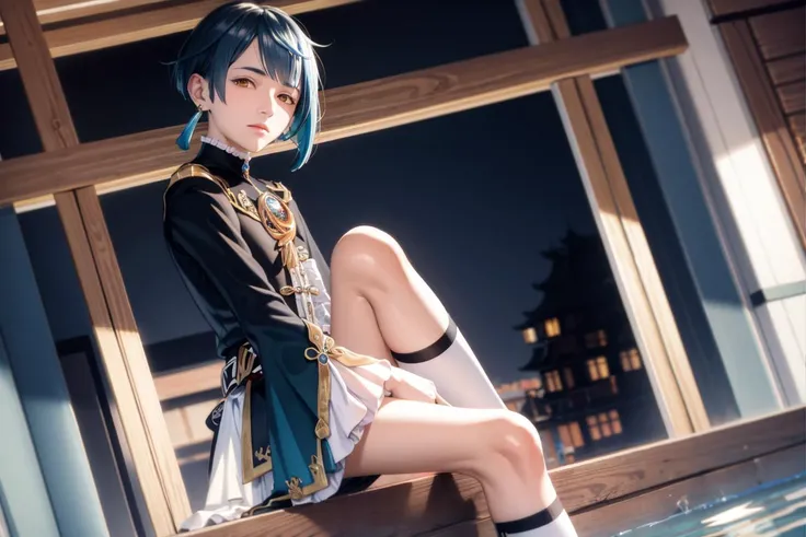 masterpiece, best quality,xingqiu (genshin impact), 1boy, male focus, solo, jewelry, blue hair, earrings, frilled sleeves, yellow eyes, single earring, frills, looking at viewer, long sleeves, water, bangs, tassel earrings, tassel,(kbxll:0.6)