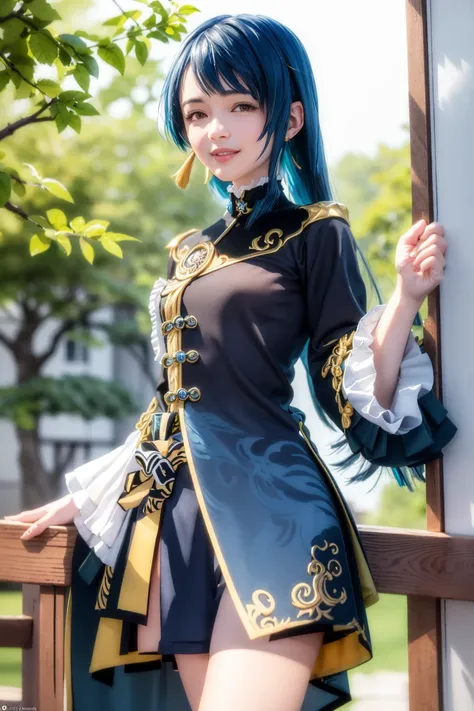 (realistic:1.6),masterpiece, best quality,xingqiu (genshin impact), 1girl, female focus,(long hair:1.4),(breats:1.4), solo,(smile:1.2) , jewelry, blue hair, earrings, frilled sleeves, yellow eyes, single earring, frills, looking at viewer, long sleeves, water, bangs, tassel earrings, tassel,(kbxll:1)
