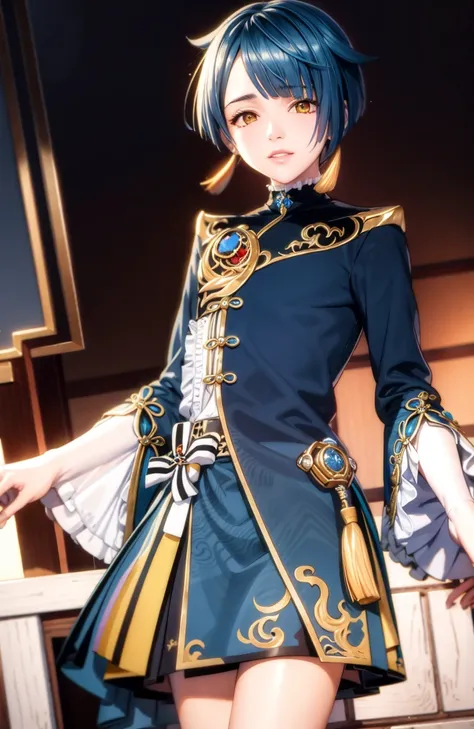 masterpiece, best quality,xingqiu (genshin impact), 1boy, male focus, solo, jewelry, blue hair, earrings, frilled sleeves, yellow eyes, single earring, frills, looking at viewer, long sleeves, water, bangs, tassel earrings, tassel,(kbxll:0.5)