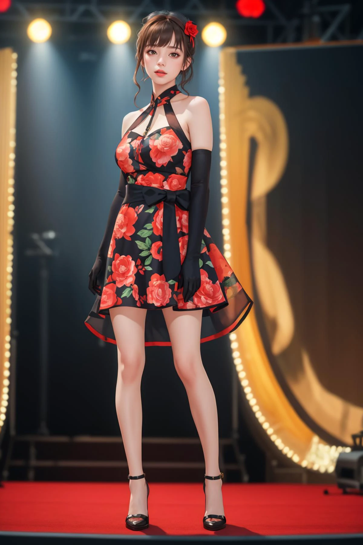 8k,highres,absurdres,masterpiece,best quality,original,extremely detailed CG,extremely detailed wallpaper,perfect lighting,<lyco:GoodHands-beta2:1>,
1girl,solo,blurry_background,looking_at_viewer,standing on the stage,
<lora:Halter_Dress_By_Stable_Yogi:0.8> waist bow dress,elbow gloves,halter dress,floral print,