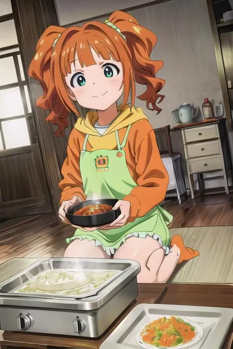 masterpiece, best quality,ultra detail,<lora:GoodHands-vanilla:0.8> <lora:anmnr01:0.3> <lora:add_detail:0.5>, <lora:yayoi-idolmaster:0.7>,yayoi,happy,orange hoodie,white apron,living room,low table,cooking,dutch angle,square Hot plate,sitting ground