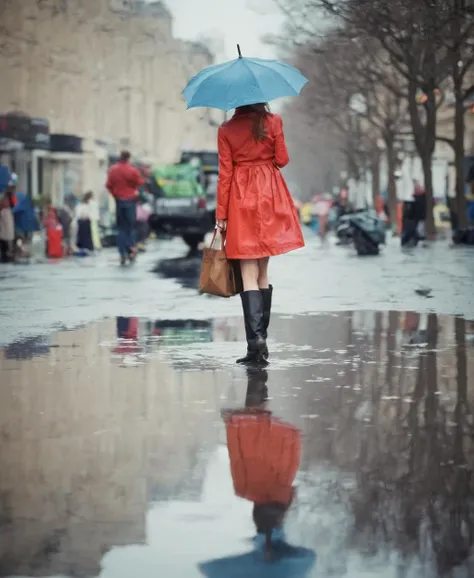 <lora:SDXL_Reflections_Sa_May:1> reflections,  rain a woman  red color