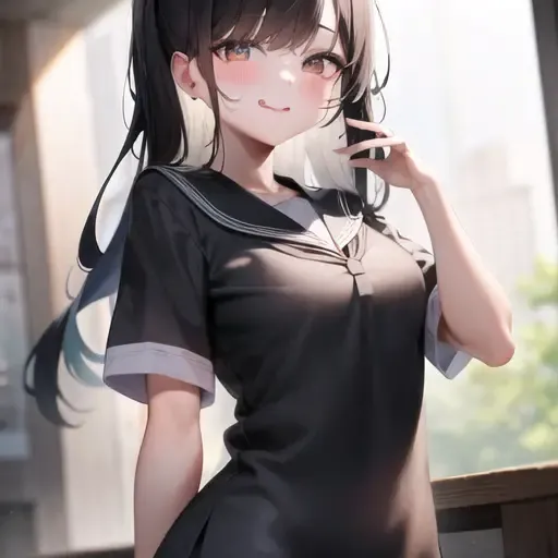 masterpiece, best quality, 1girl, small breast, school uniform, black long hair, bangs, licking lips, looking at viewer, <lora:qqq-lips_licking-v1:0.7>