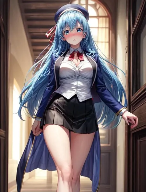 best quality, masterpiece, highres, detailed, digital artwork, <lora:Detail - add_detail:0.2>, SicilyVClaude, long hair, blue hair, black skirt, white shirt, blue vest, red bowtie, blush, <lora:Character - SicilyVClaude:0.8>, gothic, mature woman, frightened, [medium breasts : large breasts: 0.7], jojo pose,