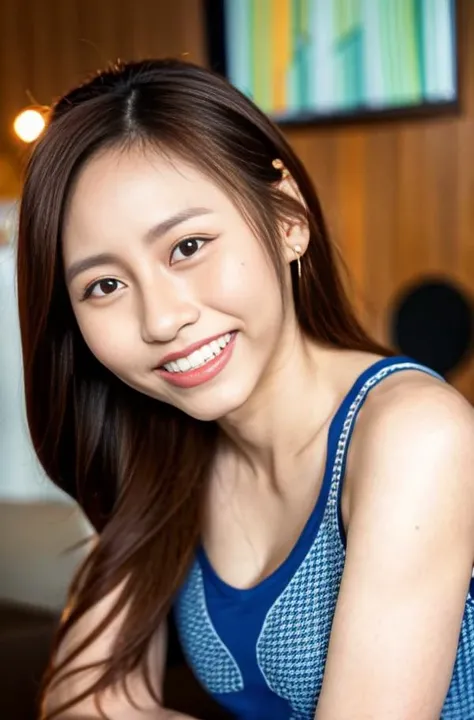 (ivyso_callor:1.4), a cute girl, smiling, 20 year old, masterpiece, best quality, lifelike texture, award winning photo, nikon RAW photo, 8k ,Fujifilm XT3, photorealistic, detailed face, hair between eyes, brown hair, indoors, dim lighting, (looking at viewer), <lora:ivyso_callor:1.2>