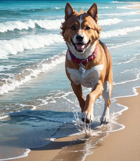 Dog, running on the beach, anime style, 8K, maximum details