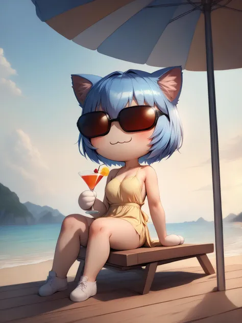 1girl, <lora:necoarc-guy-PONY-v1:1.6> necoarc, slit pupils, cat ears, chibi, :3, cat paws, <lora:ayanami_reiv2:0.8> ayanami_rei interface_headset, sitting on deck chair, short blue hair, wearing yellow sundress, fake sunglasses, holding cocktail, beach background, sea, sand, huge umbrella, masterpiece, best quality,