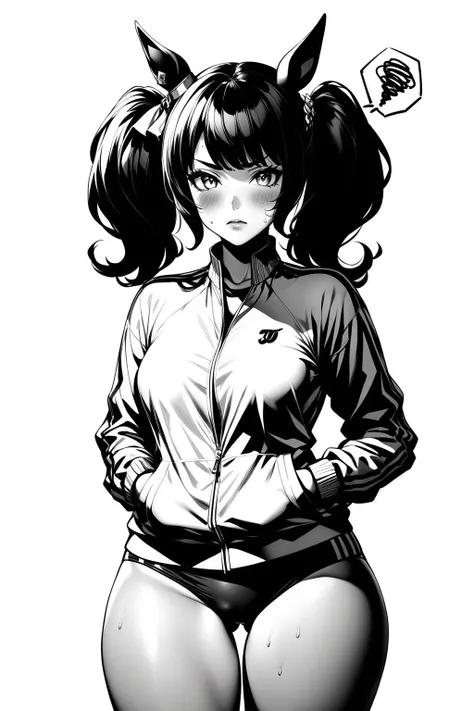 masterpiece, best quality, tosen_jordan_(umamusume), 1girl, animal_ears, ass_visible_through_thighs, blush, breasts, buruma, closed_mouth, cowboy_shot, ear_ornament, greyscale, horse_ears, horse_girl, jacket, jewelry, light_frown, long_hair, long_sleeves, medium_breasts, monochrome, partially_unzipped, ring, simple_background, solo, squiggle, sweat, thigh_gap, track_jacket, twintails, white_background