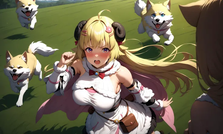 1girl, <lora:CHAR-WatameSDXL:1> WatameBase, very long hair, ahoge, hairclip, fur-trimmed dress, bowtie, detached sleeves, pouch, cape, green field, short grass, running, panic expression, pack of wolf pups on background, hands in air, masterpiece, best quality,