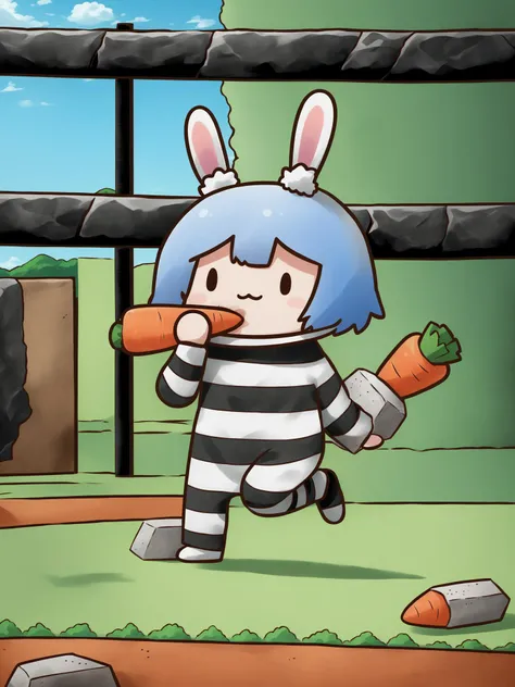 score_9, score_8_up, score_7_up, score_6_up, <lora:Phdpigeon_XLPD:1> chibi:3, pekora munching carrot,rabbit ears, prisoner suit, holding carrot, kicking stone with left leg, outdoors