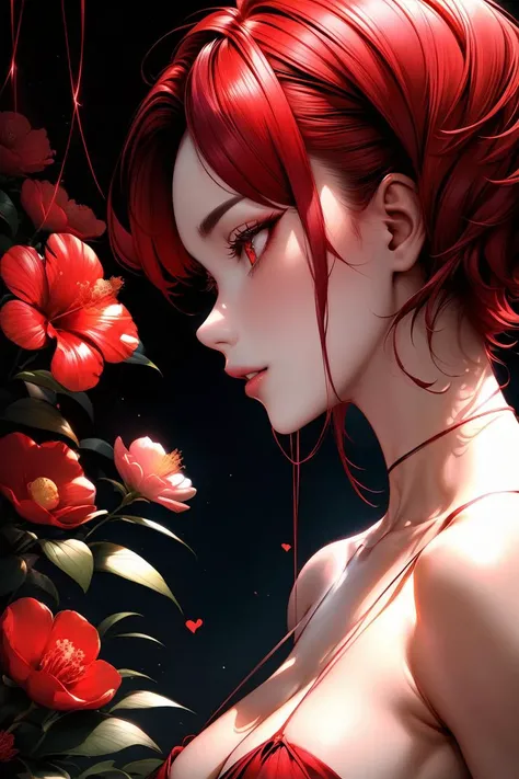 toned, masterpiece, best quality, absurdres, perfect antomy, 1girl, bangs, black background, camellia, close-up, face, eyelashes, flower, heart of string, hibiscus, parted lips, profile, red eyes, red flower, red hair, short hair, solo, spider lily,