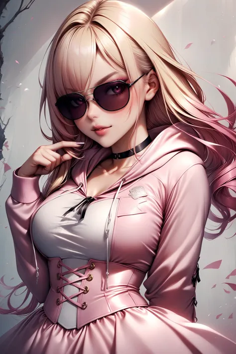 1girl, solo, blonde hair, choker, sunglasses, hoodie, corset, a woman in a pink corset posing for a picture, black frills and ribbons , wearing a [corset | hoodie]
<lora:edgCorsetHoodiesXL:0.85>