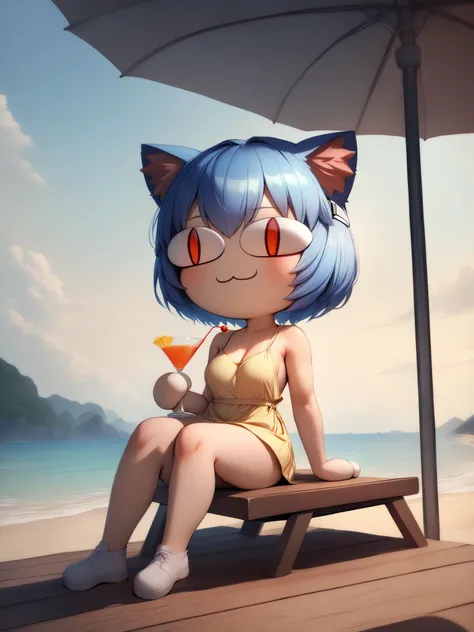 1girl, <lora:necoarc-guy-PONY-v1:1.6> necoarc, slit pupils, cat ears, chibi, :3, cat paws, <lora:ayanami_reiv2:0.8> ayanami_rei interface_headset, sitting on deck chair, short blue hair, wearing yellow sundress, holding cocktail, beach background, sea, sand, huge umbrella, masterpiece, best quality,