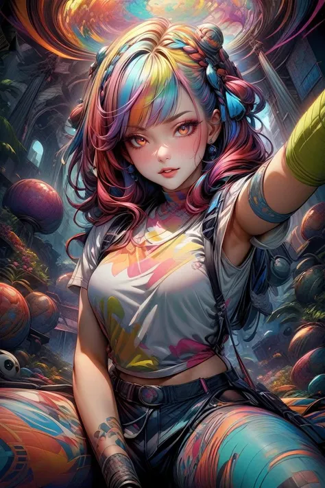 (masterpiece, top quality, best quality, official art, beautiful and aesthetic:1. 2), (1girl:1. 3), extreme detailed, colorful, highest detailed, (found:1. 3), optical mixing, playful patterns, lively texture, rich colors, unique visual effect, vibrant, highres, intricate, carne griffiths,,