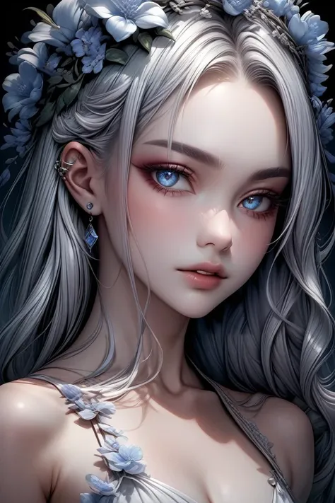 toned, hyper-realistic portrait of a mysterious woman with flowing silver hair, piercing blue eyes, and a delicate floral crown,