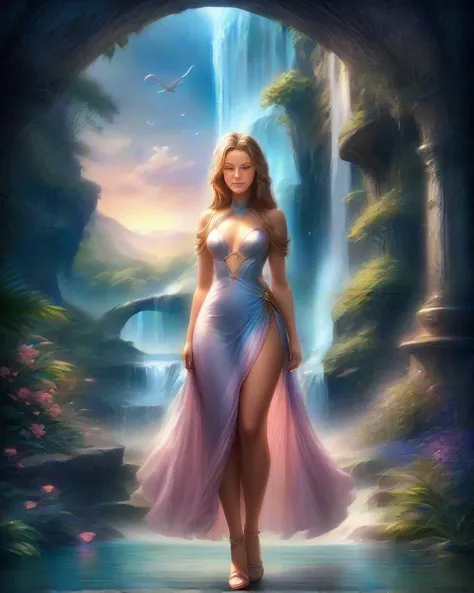 painting, art, fantasy style,
(full-body shot), head-to-toe
illustration of a young woman, long hair
wearing a beautiful gown, deep neckline, leg slit
natural small breasts, c-cup breasts
standing in a beautiful magical setting, creatures and nature
waterfall