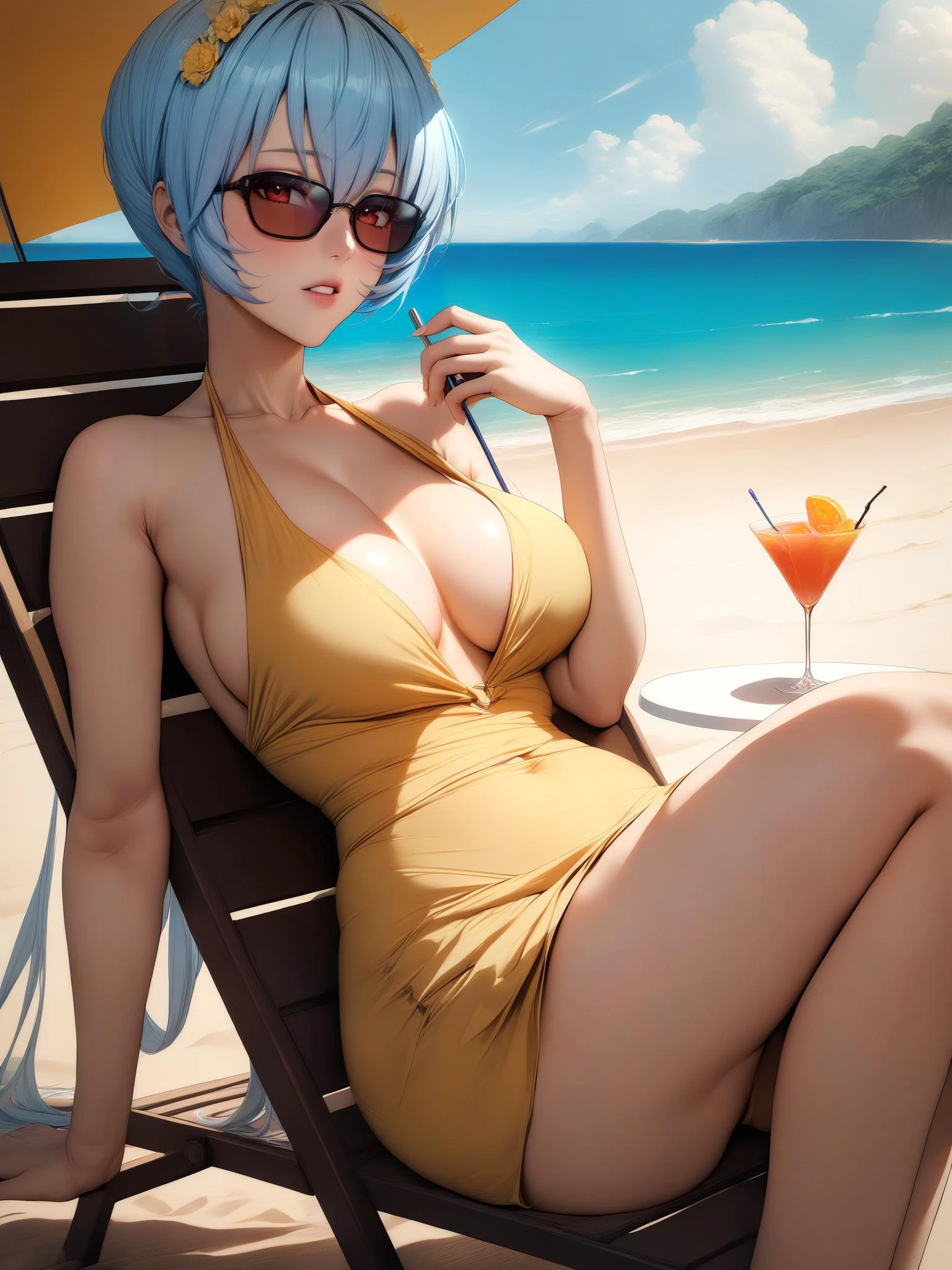 1girl, <lora:ayanami_reiv2:1> ayanami_rei, sitting on deck chair, wearing yellow sundress, sunglasses, holding cocktail, beach background, sea, sand, huge umbrella, masterpiece, best quality,
