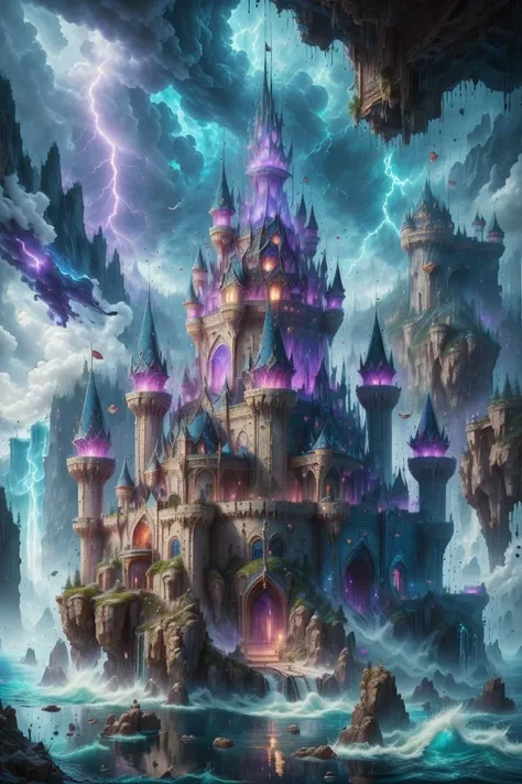 perfect best quality, masterpiece, <lora:thunder-water-style-darquelilly-v1:1> thunderwaterstyle, no humans, fantasy castle,