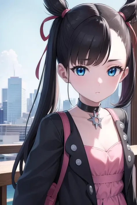 pokemonmarnie, <lora:pokemonmarnie-lora-nochekaiser:1>,
pokemonmarnie, aqua eyes, asymmetrical bangs, asymmetrical hair, black hair, hair ribbon, long hair, red ribbon, ribbon, twintails, (small breasts:1.2),
BREAK backpack, bag, black choker, black jacket, choker, dress, earrings, jacket, jewelry, long sleeves, open clothes, pink bag, pink dress,
BREAK looking at viewer, full body, upper body,
BREAK outdoors, city, sky,
BREAK <lyco:GoodHands-beta2:1>, (masterpiece:1.2), best quality, high resolution, unity 8k wallpaper, (illustration:0.8), (beautiful detailed eyes:1.6), extremely detailed face, perfect lighting, extremely detailed CG, (perfect hands, perfect anatomy),
