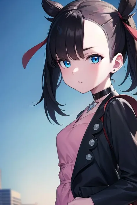 pokemonmarnie, <lora:pokemonmarnie-lora-nochekaiser:1>,
pokemonmarnie, aqua eyes, asymmetrical bangs, asymmetrical hair, black hair, hair ribbon, long hair, red ribbon, ribbon, twintails, (small breasts:1.2),
BREAK backpack, bag, black choker, black jacket, choker, dress, earrings, jacket, jewelry, long sleeves, open clothes, pink bag, pink dress,
BREAK looking at viewer, full body, upper body,
BREAK outdoors, city, sky,
BREAK <lyco:GoodHands-beta2:1>, (masterpiece:1.2), best quality, high resolution, unity 8k wallpaper, (illustration:0.8), (beautiful detailed eyes:1.6), extremely detailed face, perfect lighting, extremely detailed CG, (perfect hands, perfect anatomy),