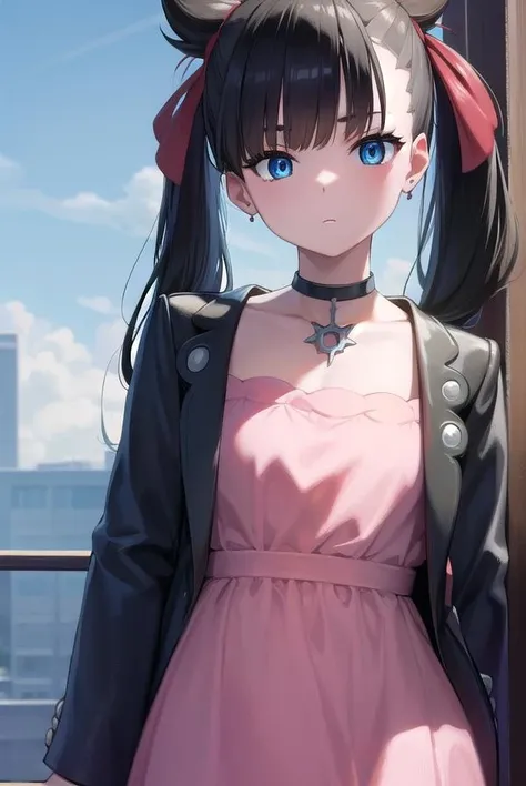 pokemonmarnie, <lora:pokemonmarnie-lora-nochekaiser:1>,
pokemonmarnie, aqua eyes, asymmetrical bangs, asymmetrical hair, black hair, hair ribbon, long hair, red ribbon, ribbon, twintails, (small breasts:1.2),
BREAK backpack, bag, black choker, black jacket, choker, dress, earrings, jacket, jewelry, long sleeves, open clothes, pink bag, pink dress,
BREAK looking at viewer, full body, upper body,
BREAK outdoors, city, sky,
BREAK <lyco:GoodHands-beta2:1>, (masterpiece:1.2), best quality, high resolution, unity 8k wallpaper, (illustration:0.8), (beautiful detailed eyes:1.6), extremely detailed face, perfect lighting, extremely detailed CG, (perfect hands, perfect anatomy),