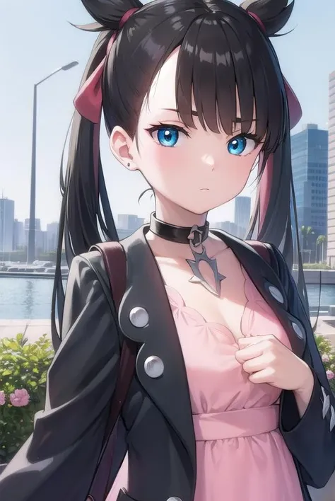pokemonmarnie, <lora:pokemonmarnie-lora-nochekaiser:1>,
pokemonmarnie, aqua eyes, asymmetrical bangs, asymmetrical hair, black hair, hair ribbon, long hair, red ribbon, ribbon, twintails, (small breasts:1.2),
BREAK backpack, bag, black choker, black jacket, choker, dress, earrings, jacket, jewelry, long sleeves, open clothes, pink bag, pink dress,
BREAK looking at viewer, full body, upper body,
BREAK outdoors, city, sky,
BREAK <lyco:GoodHands-beta2:1>, (masterpiece:1.2), best quality, high resolution, unity 8k wallpaper, (illustration:0.8), (beautiful detailed eyes:1.6), extremely detailed face, perfect lighting, extremely detailed CG, (perfect hands, perfect anatomy),