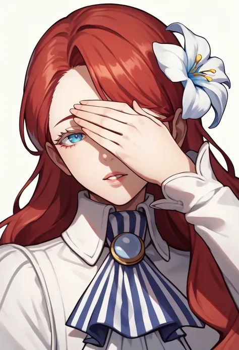 score_9, score_8_up, score_7_up, source_anime, portrait, 1girl, looking at viewer, parted lips, covering face, peeking through fingers, <lora:zs_NagiQ2XL:1> nagipq2, very long hair, red hair, blue eyes, hair flower, shirt, ascot, long sleeves, puffy sleeves, mature female, simple background