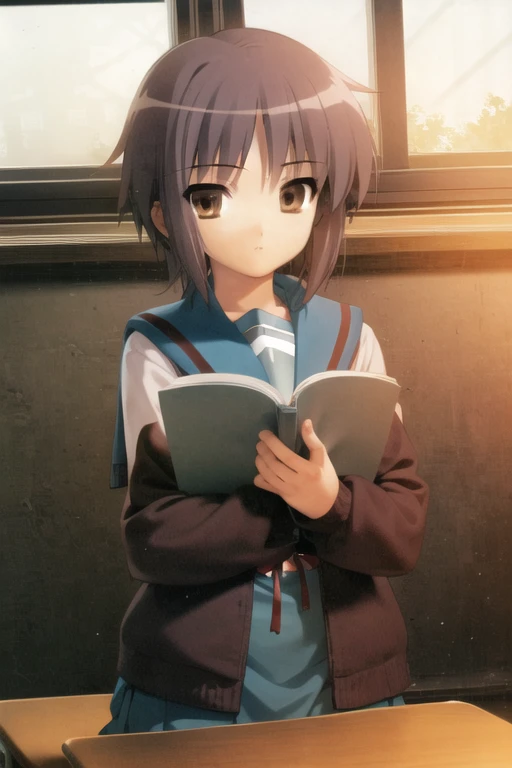 <lora:NagatoYuki_V1.0:1>, 1girl, book, reading, school uniform, nagato yuki,