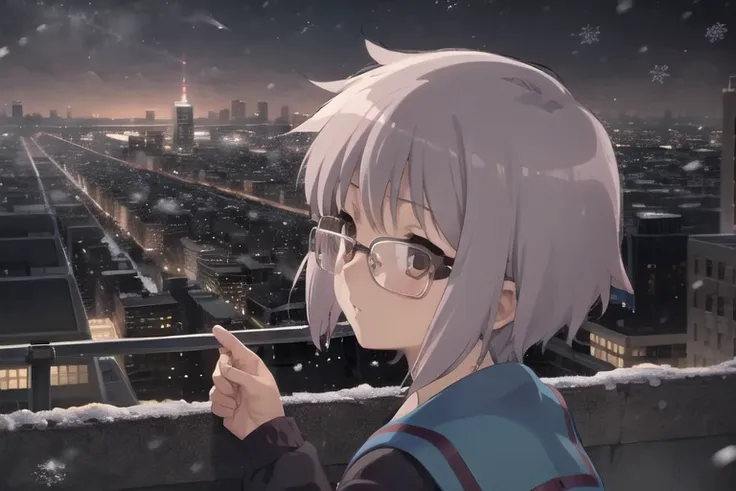 <lora:NagatoYuki_V1.0:0.8>, 1girl, nagato yuki, glasses, rooftop, school uniform, night, snowing, city lights, looking up, outdoors, <lora:ContrastFix:1>