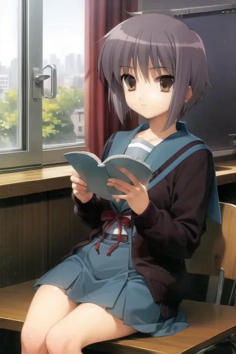 <lora:NagatoYuki_V1.0:1>, 1girl, book, reading, school uniform, nagato yuki,