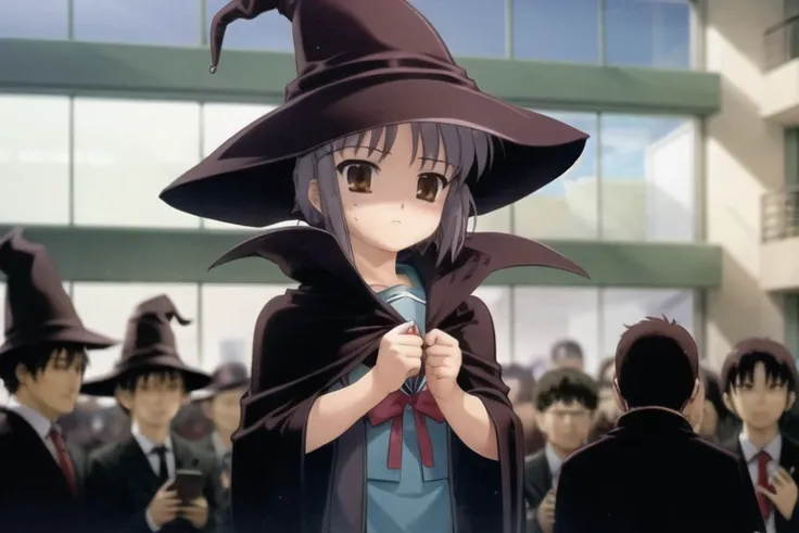 <lora:NagatoYuki_V1.0:1>, 1girl, nagato yuki, city, crowd, witch hat, cloak, looking up, school uniform, wide shot, shopping mall, indoors, kita high school uniform,