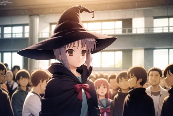 <lora:NagatoYuki_V1.0:1>, 1girl, nagato yuki, city, crowd, witch hat, cloak, looking up, school uniform, wide shot, shopping mall, indoors, kita high school uniform,