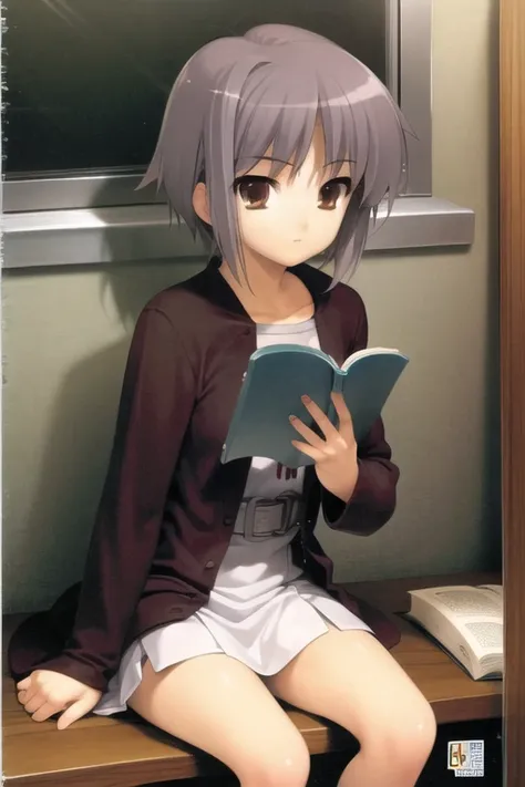 <lora:NagatoYuki_V1.0:1>, 1girl, book, reading, alternate costume, nagato yuki,