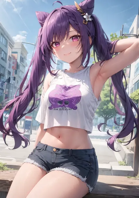 (masterpiece, best quality, ultra-detailed), keqing \(genshin impact\), (purple hair), cone hair bun, twin tails, long hair, swept bangs, braid, braided bangs, purple eyes, pink eyes,
(wearing a t-shirt:1.2), sitting on a chair outside of caf, embracing the natural beauty, sunlight, beautiful cloudy sky, city, street, denim shorts, black stocking,
medium breasts, thick thighs, critical angle, cowboy shot, arm behind head, arm behind back, armpits, light smile, crop top, strong and seductive expressions,, <lora:gachaSplashLORA_gachaSplashFantasy20:0.3>