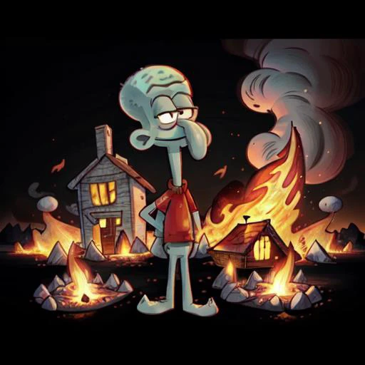 <lora:squidward-07:.9>, masterpiece, best quality, dynamic lighting, detailed background, House on fire in the background, squidward, vector art, flames, burning house, House fire,
((Dynamic background)),