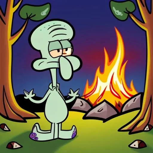 <lora:squidward-07:.9>, masterpiece, best quality, dynamic lighting, detailed background, forest background, magical trees, squidward, shooting fire out of mouth, vector art, flames,
 ((Dynamic background)),