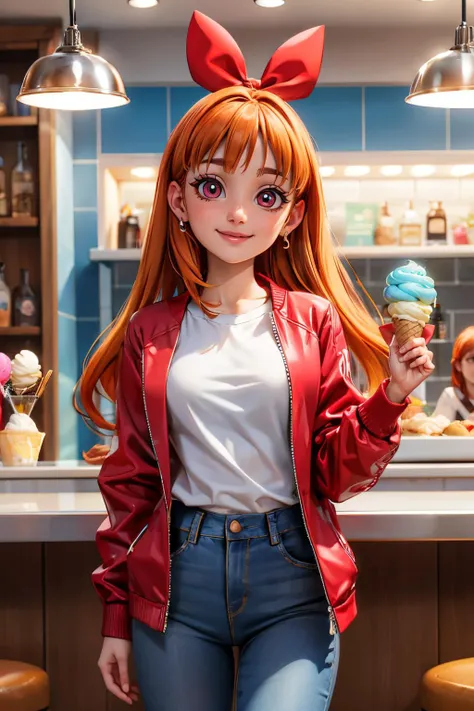 blossom, orange hair, red bow,red eyes, red jacket, white shirt, jeans, looking at viewer, smiling, standing, inside ice cream parlor, holding ice cream, soft lighting, high quality, masterpiece, <lora:Blossom:.8>