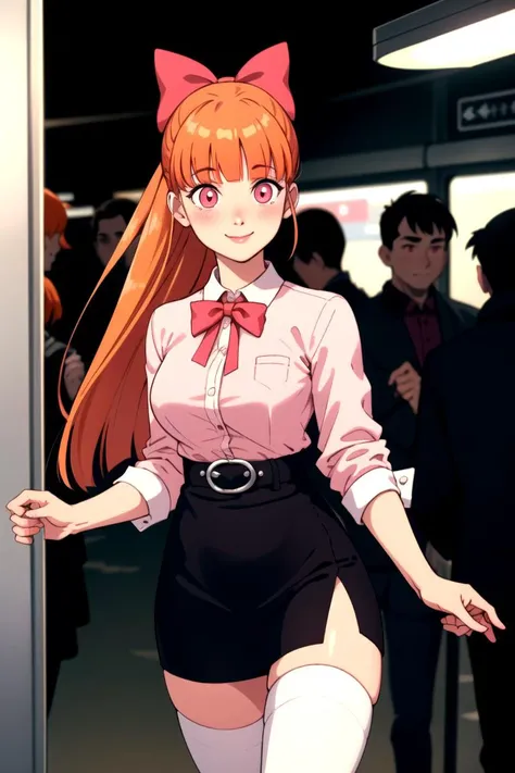 (masterpiece), (best quality), <lora:Blossom:1>, 1girl, solo, ponytail, (orange hair, long hair, blunt bangs, pink eyes), office lady, (oversized bow, white shirt, dress, belt, thighhighs), standing outside train station, holding portfolio, side lighting, blush, smiling, cowboy shot, glowing light