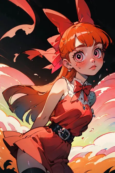 (Blossom:1.5), (orange hair, blunt bangs, pink eyes:1.2), (hair bow, red bow, simple pink dress, belt, white thighhighs:1.2), (realistic:1.2), (masterpiece:1.2), (full-body-shot:1),(Cowboy-shot:1.2), dark romantic lighting, (highly detailed:1.2),(detailed face:1.2), (gradients), colorful, detailed eyes, (detailed landscape:1.2), (natural lighting:1.2),(detailed background), detailed landscape, (cute pose:1.2), (solo, one person, one subject:1.5), <lora:Blossom-09:0.9> <lora:add_detail:0.15> <lora:hipoly3DModelLora_v10:0.05> <lora:RSERomantic_RSESofiko_RSEEmma-v1:0.1> <lora:BeautifulEyes:0.65>