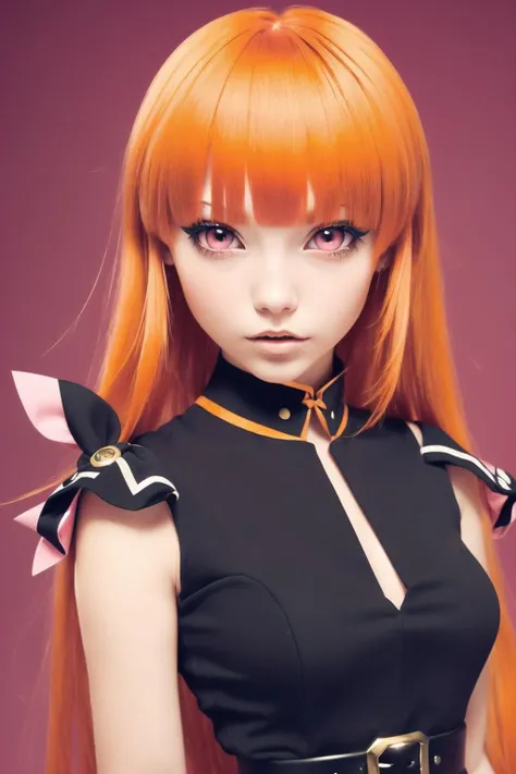 (orange hair, long hair, blunt bangs, pink eyes:1.3),clear details,masterpiece,1woman,solo,(blossom:1.2),(bow, dress, belt, thighhighs),(detailed eyes, detailed face, beautiful, perfect skin),(hands out of frame) <lora:Blossom:0.9>