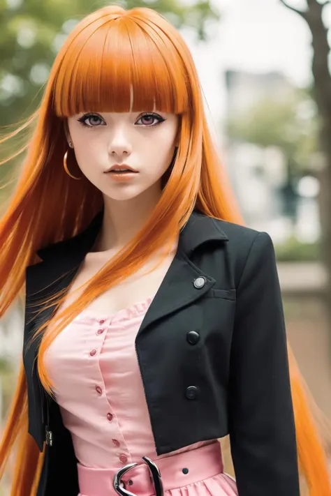(orange hair, long hair, blunt bangs, pink eyes:1.3),clear details,masterpiece,1woman,solo,(blossom:1.2),(bow, dress, belt, thighhighs),(detailed eyes, detailed face, beautiful, perfect skin),(hands out of frame) <lora:Blossom:0.9>