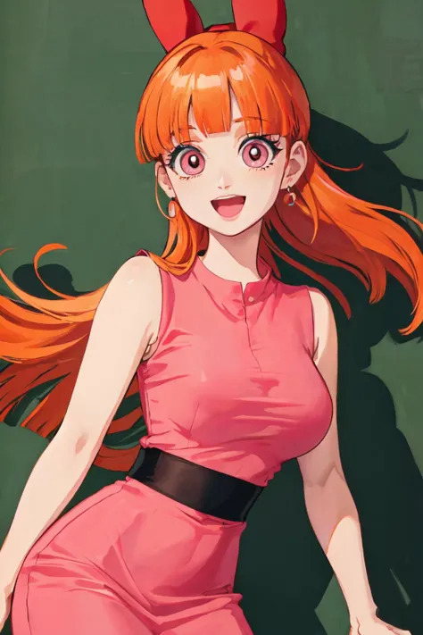 <lyco:Blossom-09:1.2>blossom,Power Puff Girls,large breasts,smile,orange hair, blunt bangs, pink eyes,pink dress, sleeveless,:D,
(best quality, masterpiece, RAW photo,ultra-detailed:1.2), <lyco:GoodHands-beta2:1.0> solo,