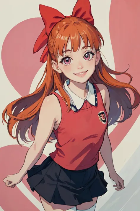 <lora:Blossom:1> blossom, messy hair,hair bow,thighhighs,skirt,heart background,grin,from above, sleeveless,
(best quality, masterpiece, RAW photo,ultra-detailed:1.2), <lyco:GoodHands-beta2:1.0>,1girl,solo,looking at viewer,smile