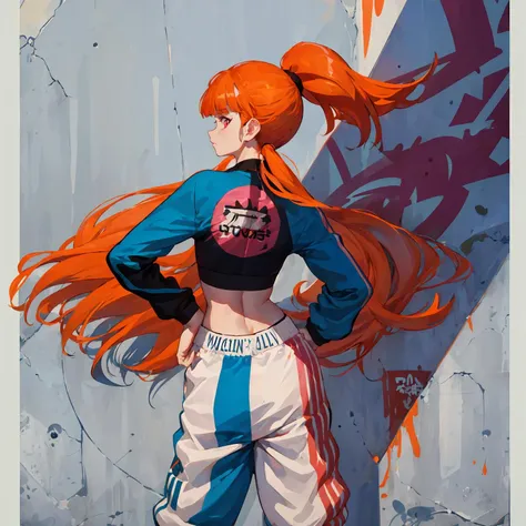 solo, ponytail, adidas tube top, midriff, long sleeve, adidas sweatpants, sneakers, standing, hands on hips, looking at viewer, over shoulder, from behind, top model, side lighting, wall background, (graffiti:1.2), <lora:Blossom-09:1>, (blossom), (orange hair, long hair, blunt bangs, pink eyes)